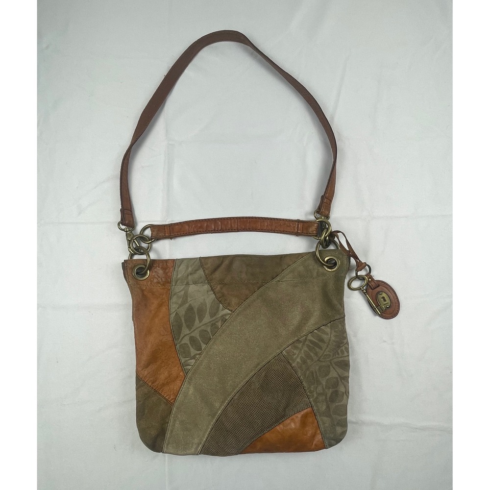 Fossil Patchwork Leather Suede Crossbody Bag Brown Tan Boho Leaf Print